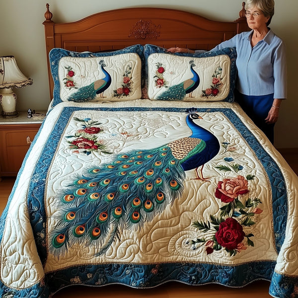 Royal Peacock quilted 3-piece bedding set on a made bed with two matching pillow shams