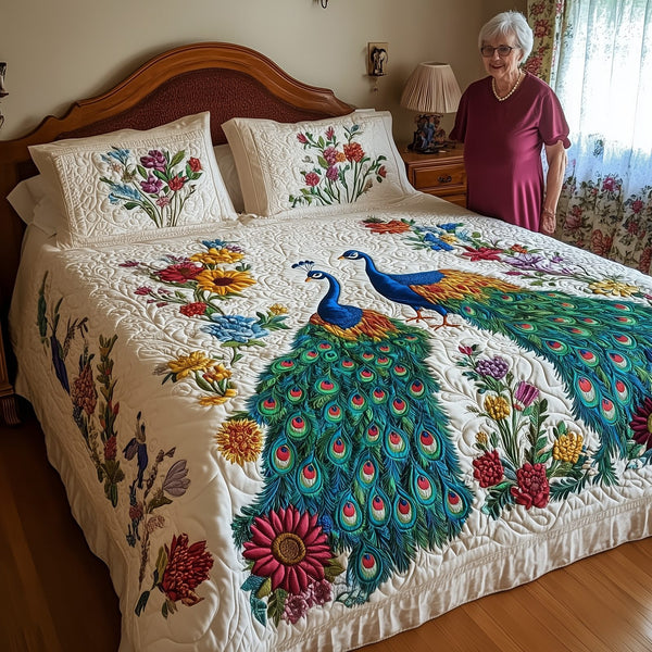 Royal Peacock quilted 3-piece bedding set on a made bed with two matching pillow shams