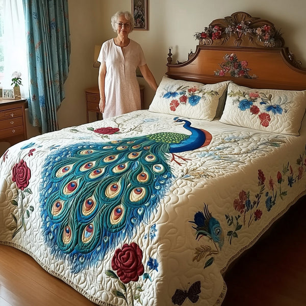 Royal Peacock quilted 3-piece bedding set on a made bed with two matching pillow shams