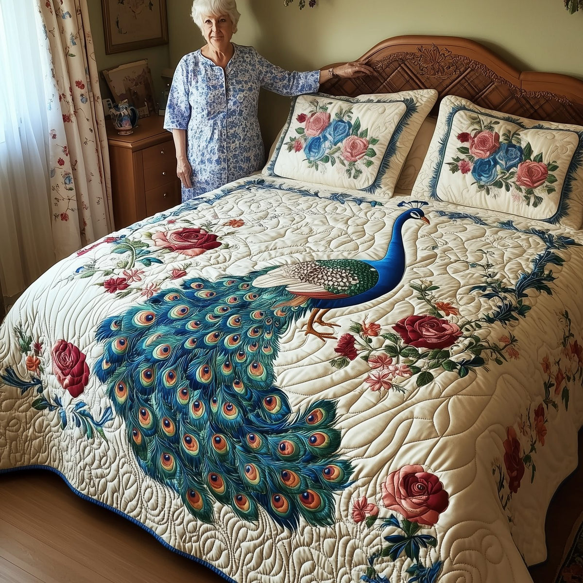 Royal Peacock quilted 3-piece bedding set on a made bed with two matching pillow shams