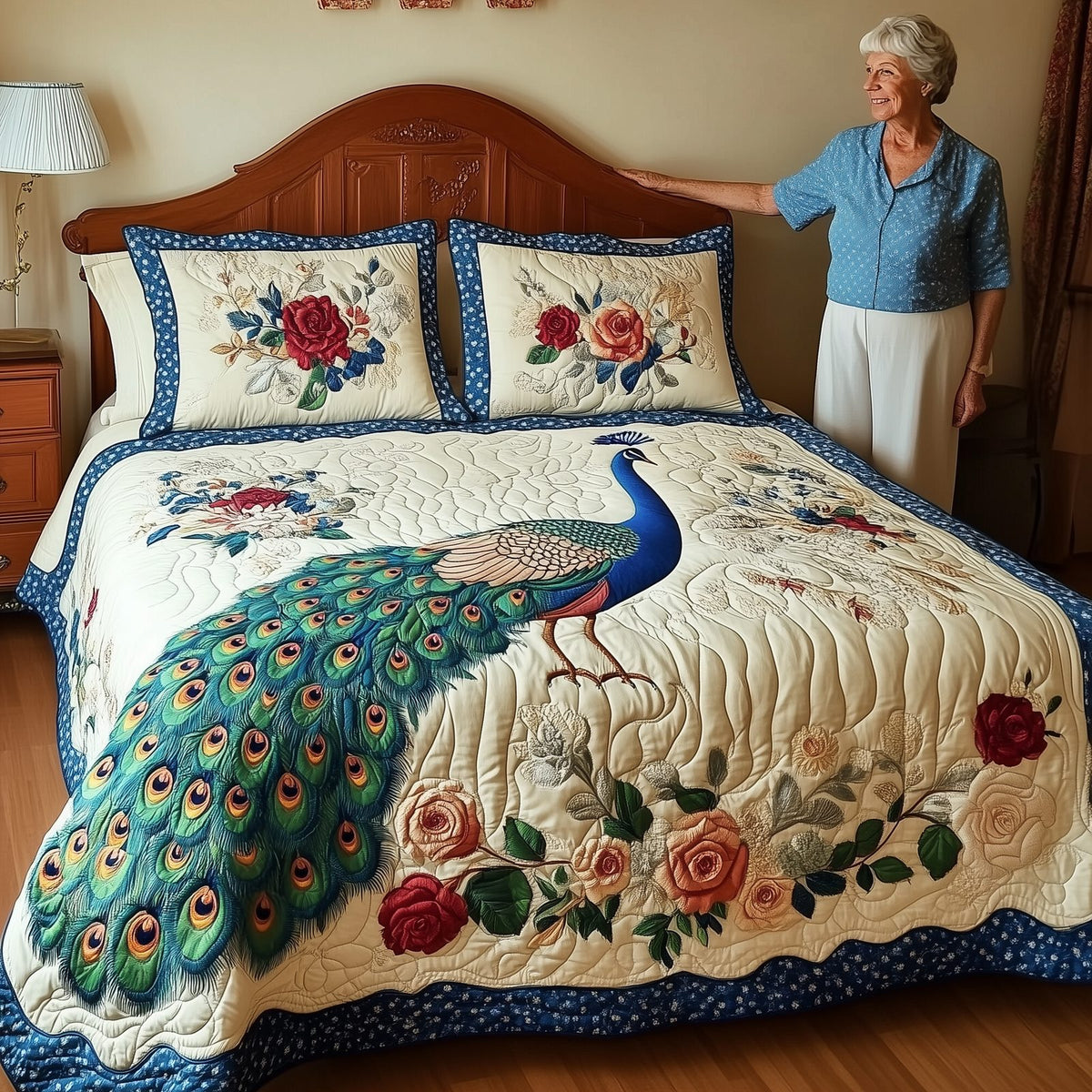 Royal Peacock quilted 3-piece bedding set on a made bed with two matching pillow shams