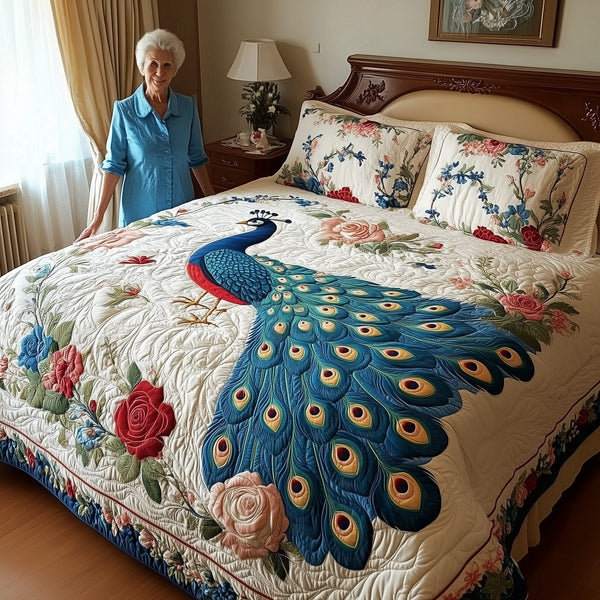 Royal Peacock quilted 3-piece bedding set on a made bed with two matching pillow shams