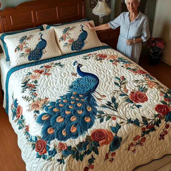 Royal Peacock quilted 3-piece bedding set on a made bed with two matching pillow shams