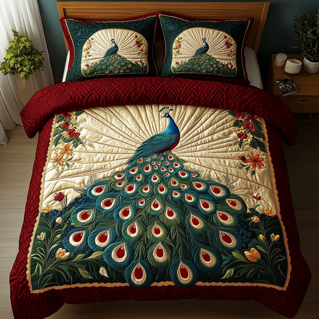 Royal Peacock quilted 3-piece bedding set on a made bed with two matching pillow shams