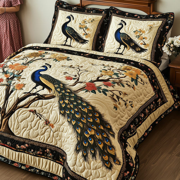 Royal Peacook quilted 3-piece bedding set on a made bed with two matching pillow shams
