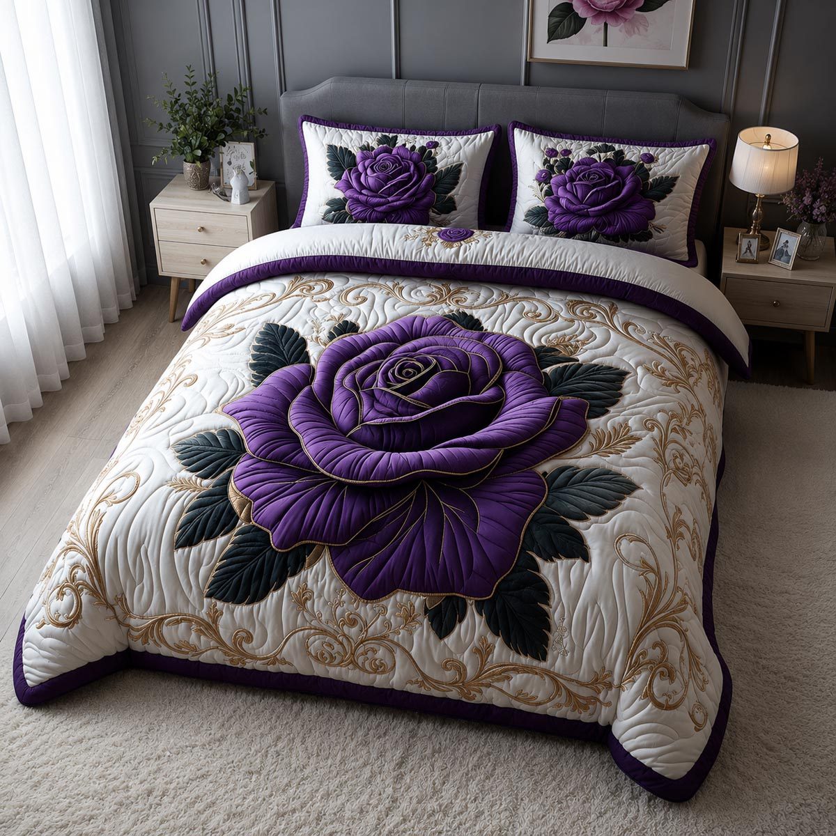 Royal Petals quilted 3-piece bedding set on a made bed with two matching pillow shams
