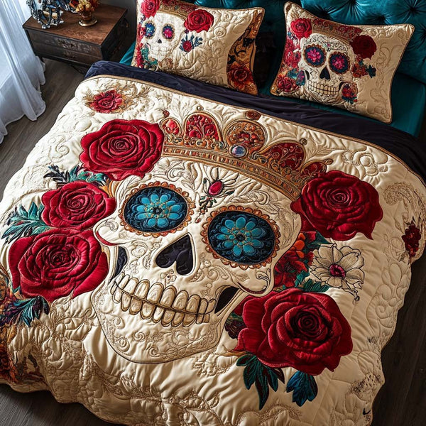 Royal Remains quilted 3-piece bedding set on a made bed with two matching pillow shams