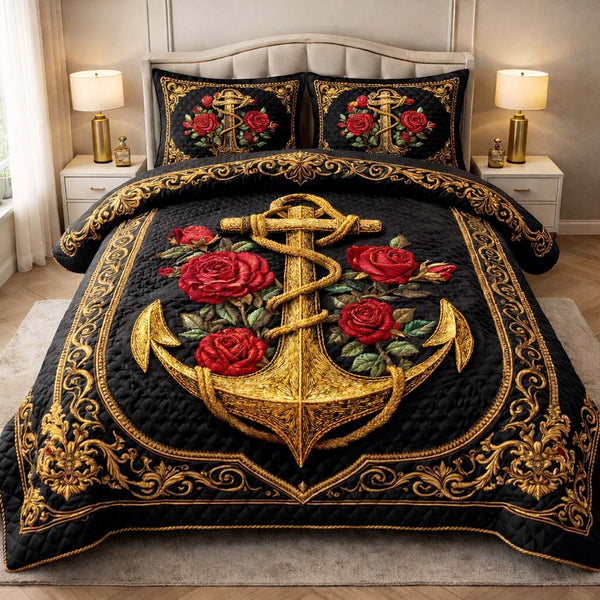 Royal Rose Anchor quilted 3-piece bedding set on a made bed in a light coastal bedroom