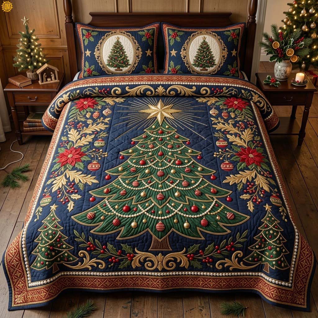 Royal Ruby Christmas Tree quilted 3-piece bedding set on a made bed in a winter-styled bedroom