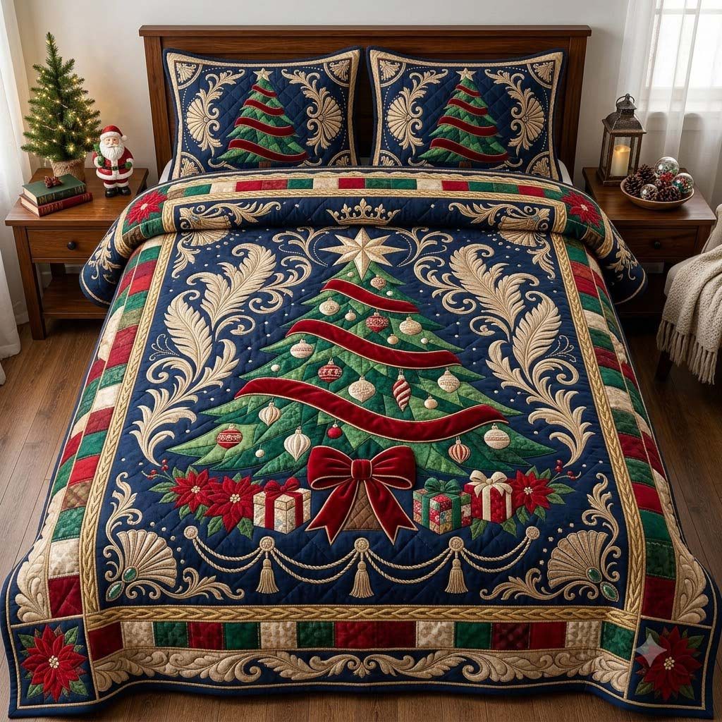 Royal Ruby Ribbon Tree quilted 3-piece bedding set on a made bed with two matching pillow shams