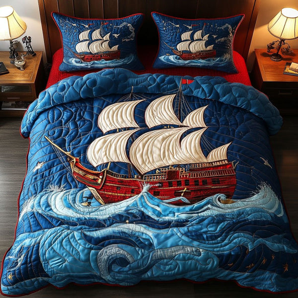 Royal Sailing quilted 3-piece bedding set on a made bed in a light coastal bedroom