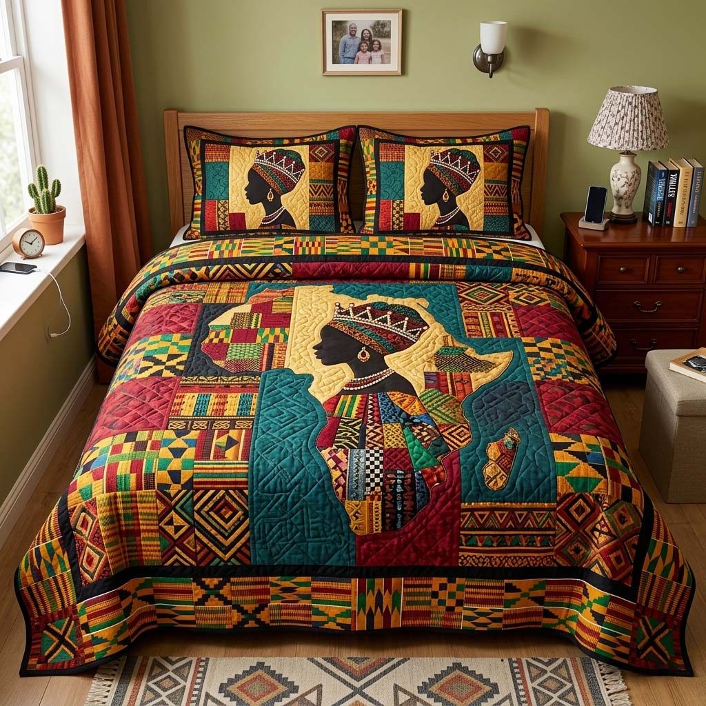 Royal Silhouette quilted 3-piece bedding set on a made bed with two matching pillow shams