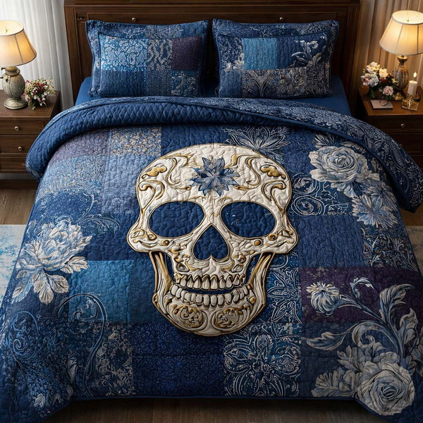 Royal Skull quilted 3-piece bedding set on a made bed against a dark styled interior