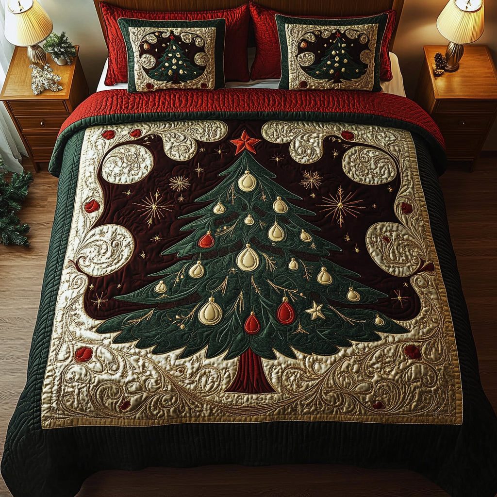 Royal Spruce quilted 3-piece bedding set on a made bed with two matching pillow shams