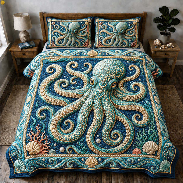Royal Tide Octopus quilted 3-piece bedding set on a made bed in a light coastal bedroom