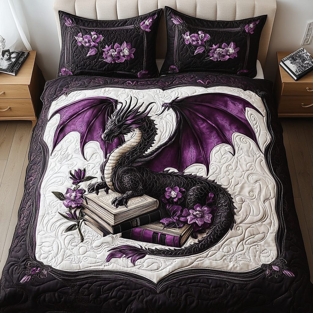 Royal Twilight quilted 3-piece bedding set on a made bed with two matching pillow shams