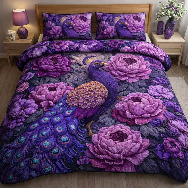 Royal Violet Peacock quilted 3-piece bedding set on a made bed with two matching pillow shams