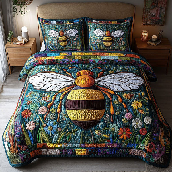 Royal Worker quilted 3-piece bedding set on a made bed with two matching pillow shams