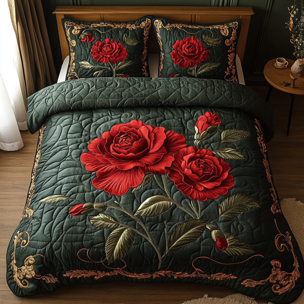 Ruby Elegance quilted 3-piece bedding set on a made bed with two matching pillow shams