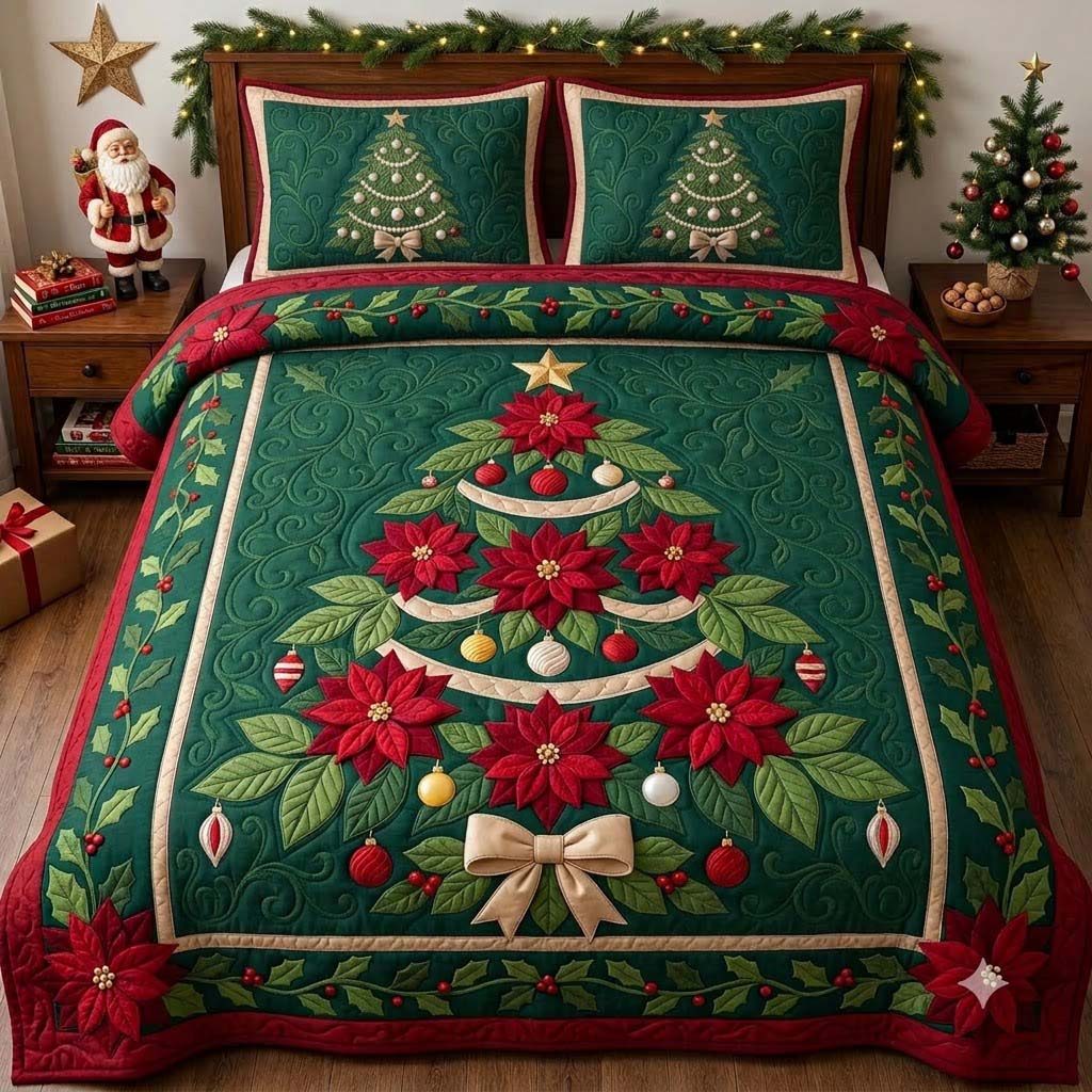 Ruby Poinsettia Christmas Tree quilted 3-piece bedding set on a made bed in a winter-styled bedroom