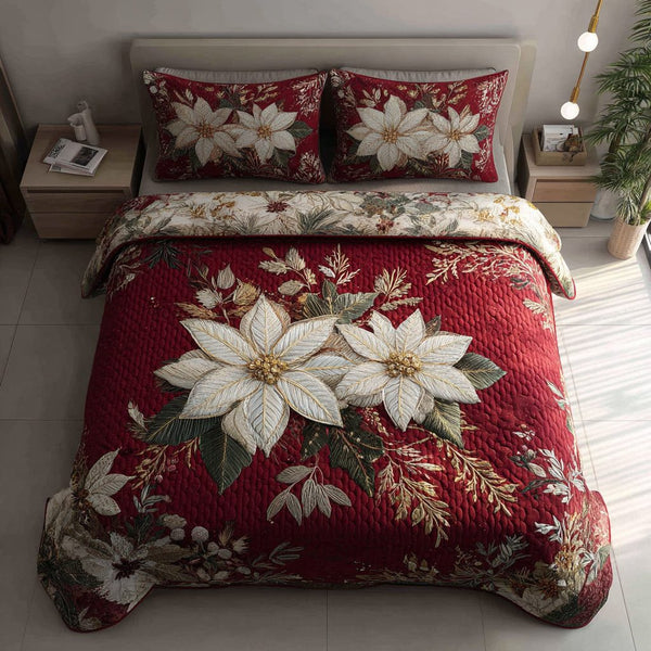 Ruby Poinsettia Garden quilted 3-piece bedding set on a made bed in a winter-styled bedroom