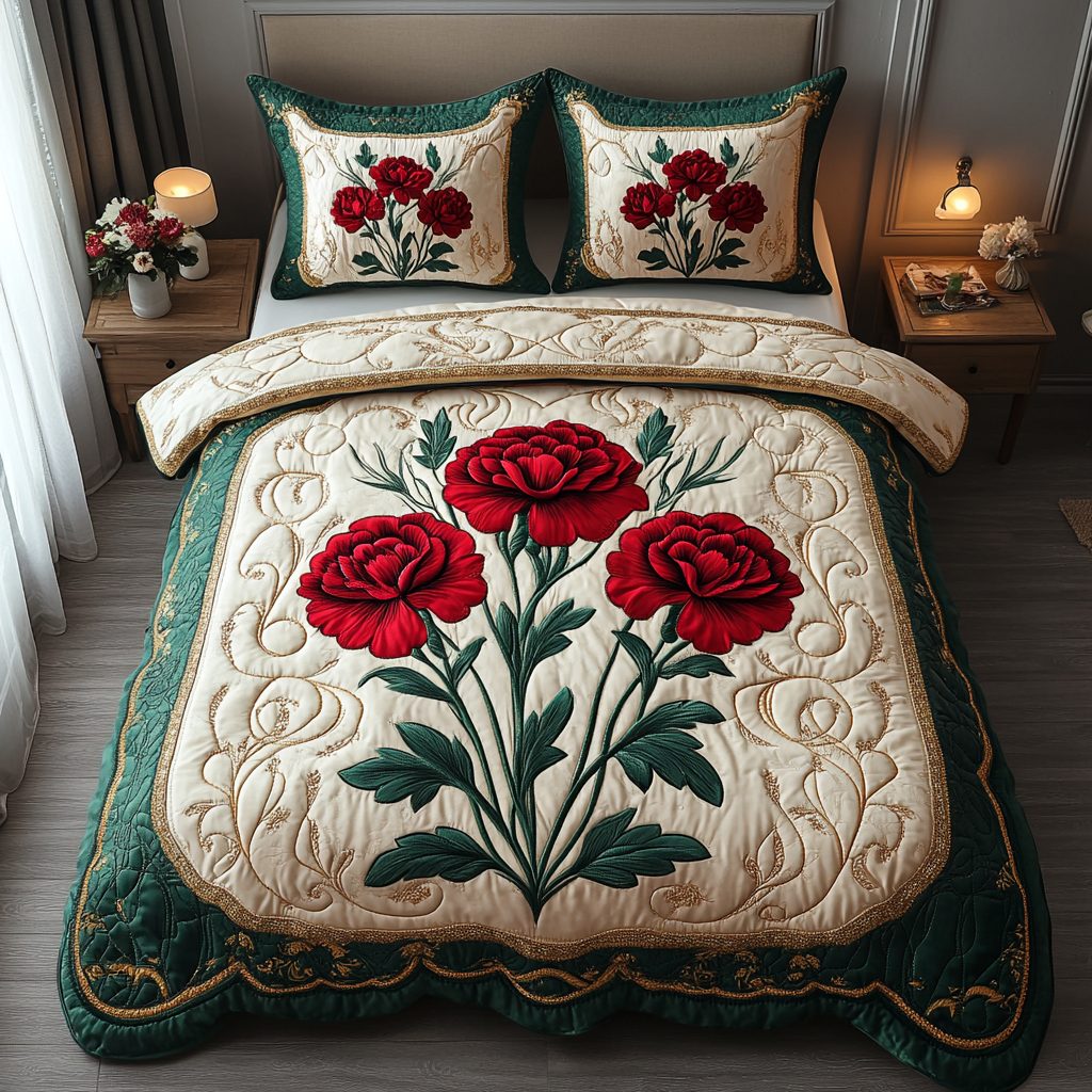 Ruby Radiance quilted 3-piece bedding set on a made bed with two matching pillow shams