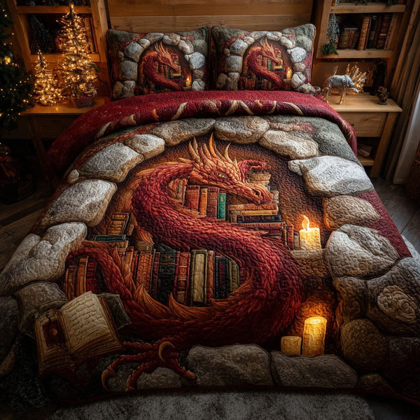 Ruby Tome quilted 3-piece bedding set on a made bed with two matching pillow shams