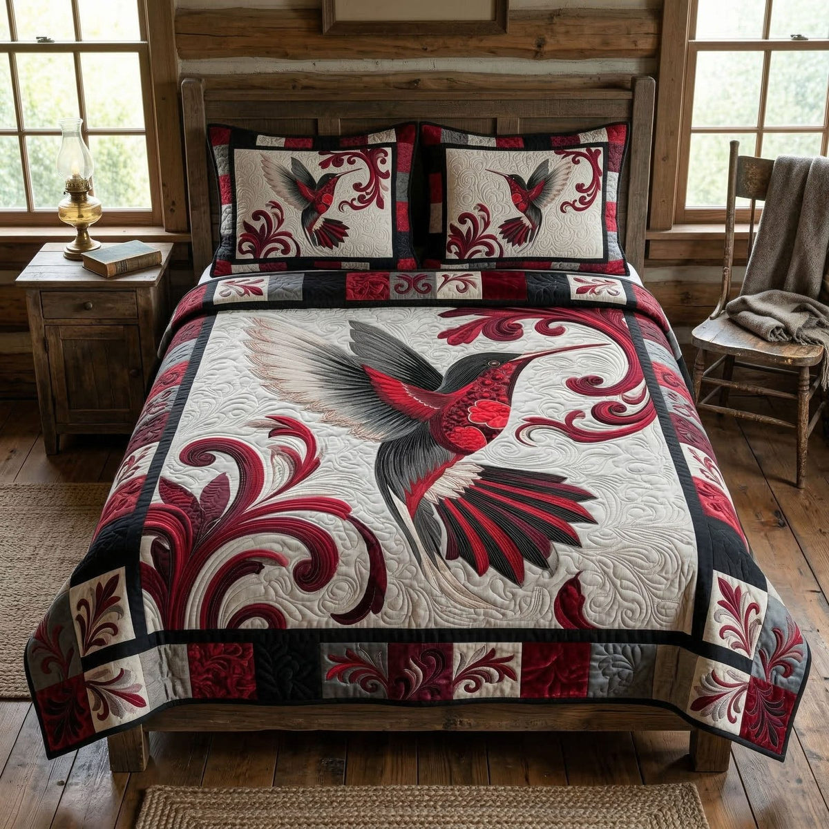 Ruby Wings quilted 3-piece bedding set on a made bed with two matching pillow shams