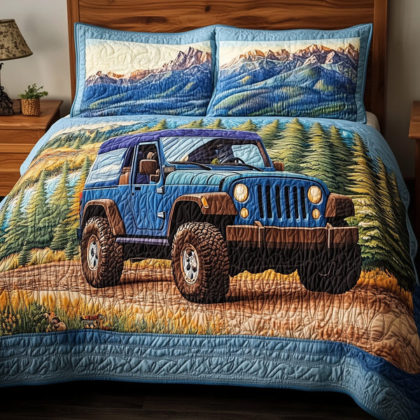Rugged Adventure quilted 3-piece bedding set on a made bed in a winter-styled bedroom