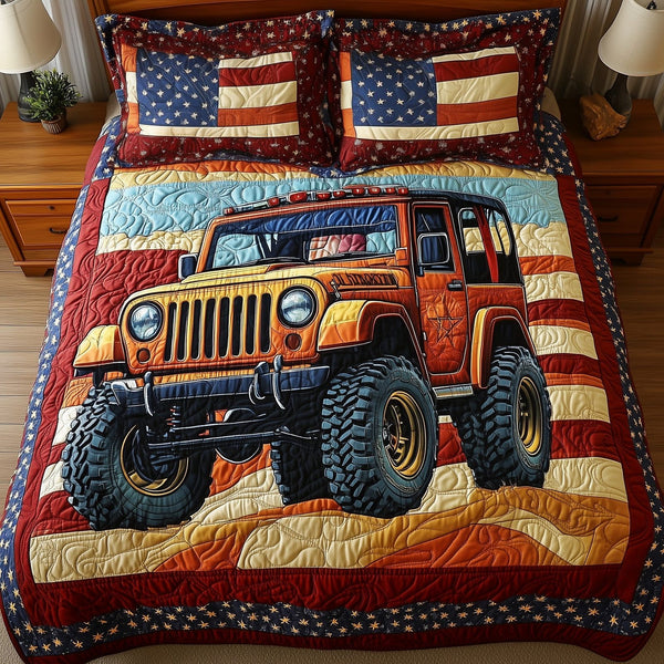 Rugged Adventure quilted 3-piece bedding set on a made bed in a winter-styled bedroom