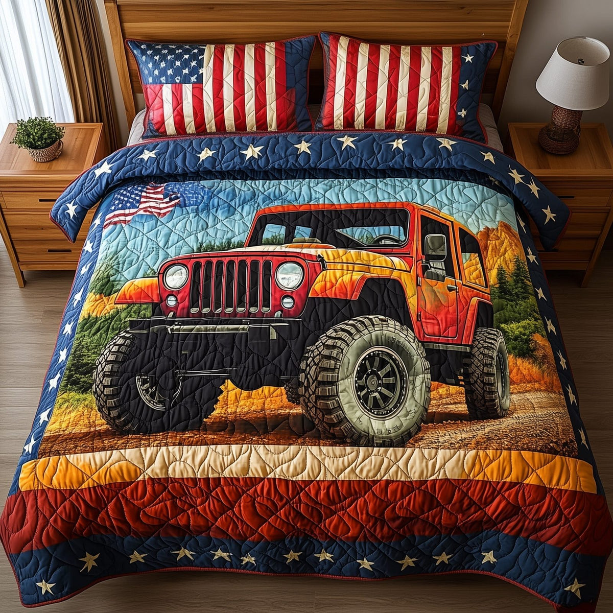 Rugged Adventure quilted 3-piece bedding set on a made bed in a winter-styled bedroom