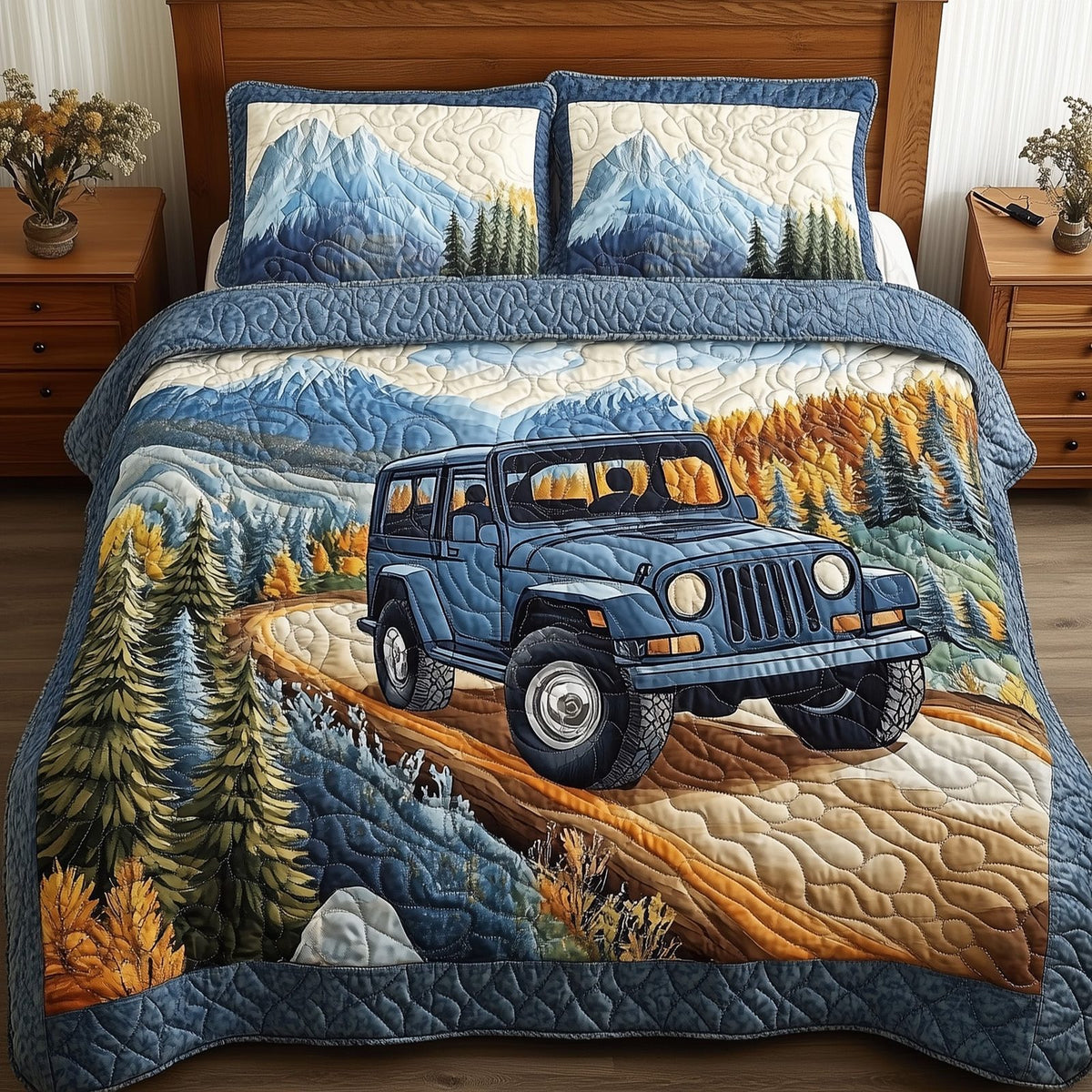 Rugged Adventure quilted 3-piece bedding set on a made bed in a winter-styled bedroom