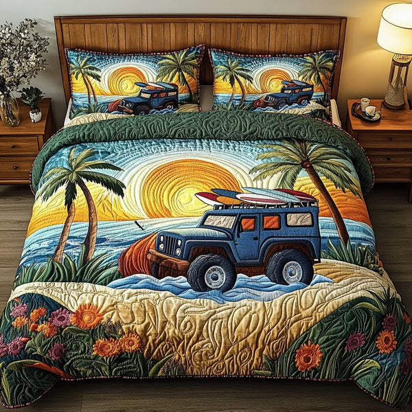 Rugged Road quilted 3-piece bedding set on a made bed with two matching pillow shams