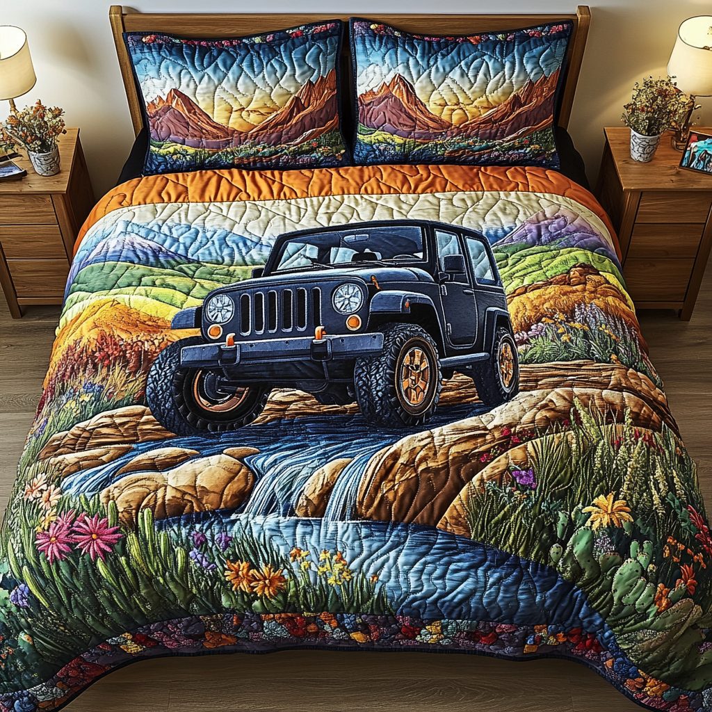 Rugged Trail quilted 3-piece bedding set on a made bed with two matching pillow shams