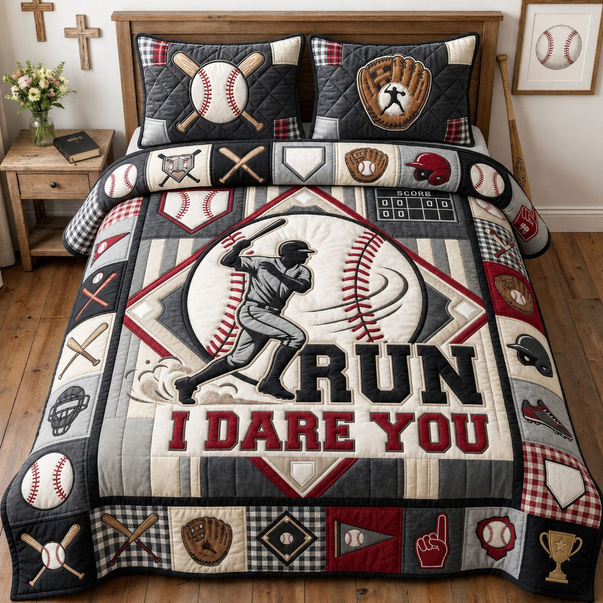 Run I Dare You quilted 3-piece bedding set on a made bed with two matching pillow shams