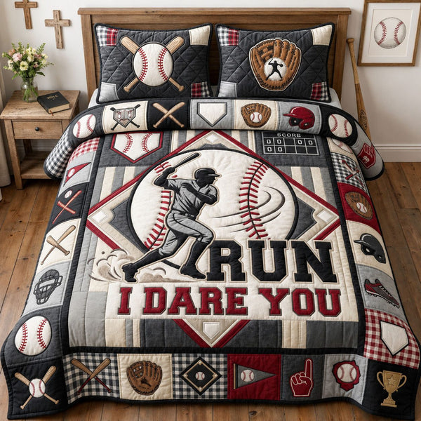 Run I Dare You quilted 3-piece bedding set on a made bed with two matching pillow shams