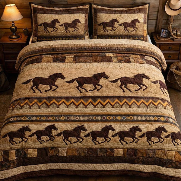 Running Herd quilted 3-piece bedding set on a made bed with two matching pillow shams