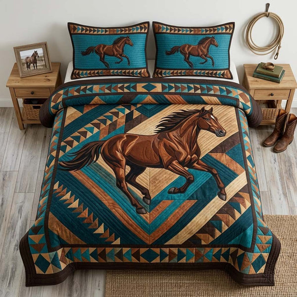 Running Horse quilted 3-piece bedding set on a made bed in a rustic timber bedroom