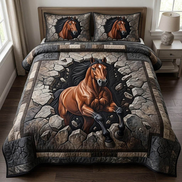 Running Horse quilted 3-piece bedding set on a made bed in a rustic timber bedroom