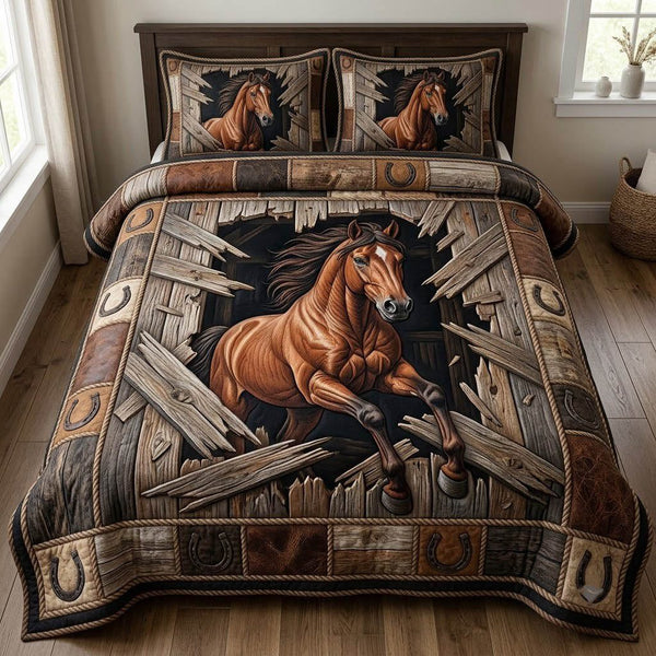 Running Horse quilted 3-piece bedding set on a made bed in a rustic timber bedroom