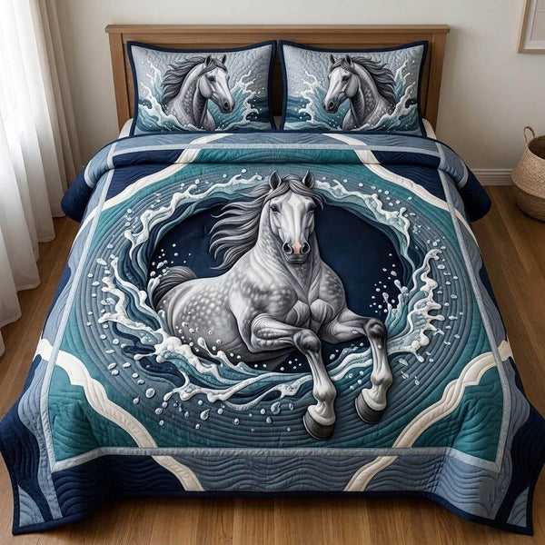 Running Horse quilted 3-piece bedding set on a made bed in a rustic timber bedroom