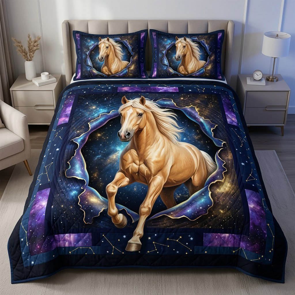 Running Horse quilted 3-piece bedding set on a made bed in a rustic timber bedroom