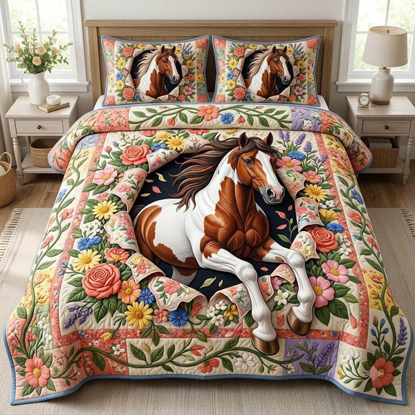 Running Horse quilted 3-piece bedding set on a made bed in a rustic timber bedroom