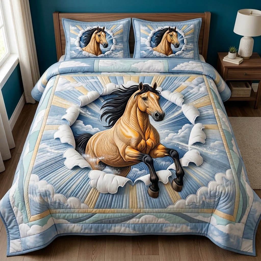 Running Horse quilted 3-piece bedding set on a made bed in a rustic timber bedroom