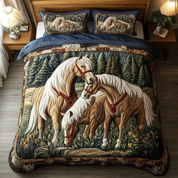Running Horse quilted 3-piece bedding set on a made bed in a rustic timber bedroom
