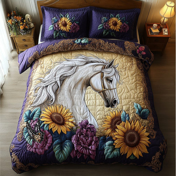 Running Horse quilted 3-piece bedding set on a made bed in a rustic timber bedroom