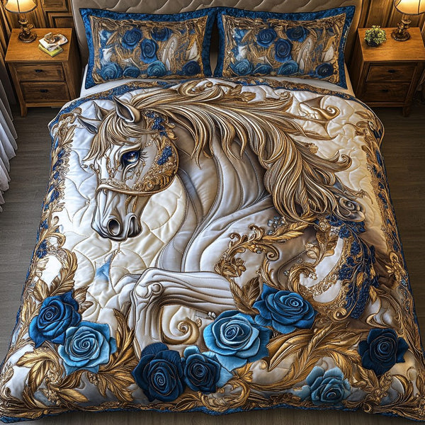 Running Horse quilted 3-piece bedding set on a made bed in a rustic timber bedroom