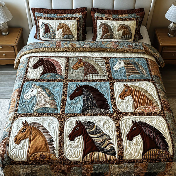 Running Stallion quilted 3-piece bedding set on a made bed in a rustic timber bedroom