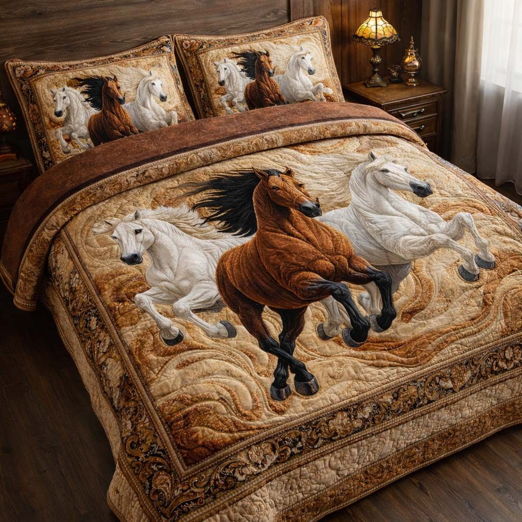 Running Stallions quilted 3-piece bedding set on a made bed in a rustic timber bedroom