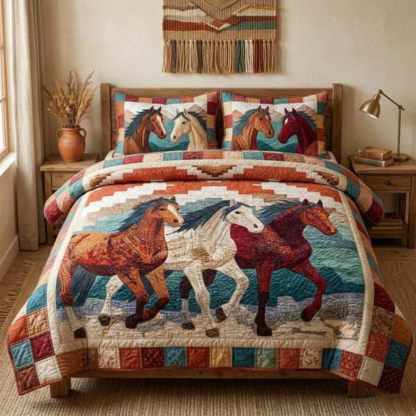 Running Wild quilted 3-piece bedding set on a made bed with two matching pillow shams